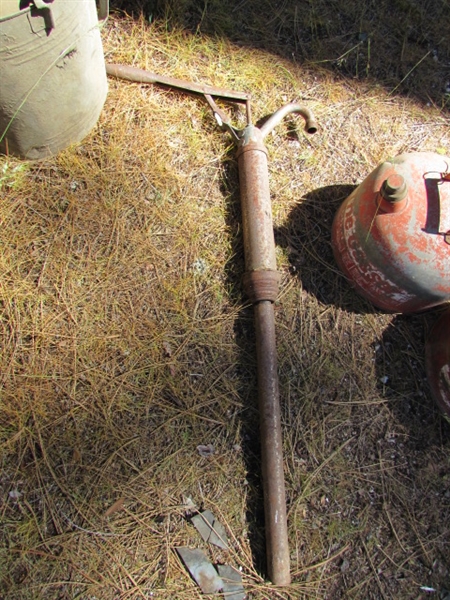 PAIR OF VINTAGE GAS CANS, WATERING CAN & BARREL PUMP