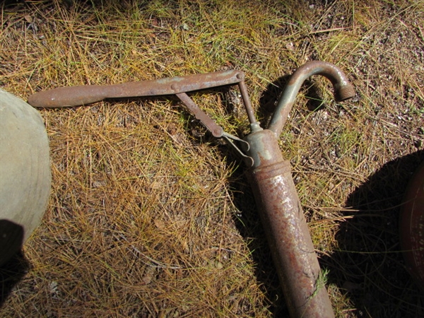 PAIR OF VINTAGE GAS CANS, WATERING CAN & BARREL PUMP