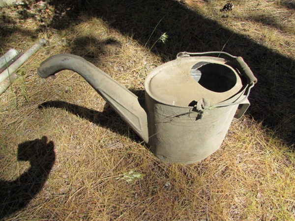PAIR OF VINTAGE GAS CANS, WATERING CAN & BARREL PUMP