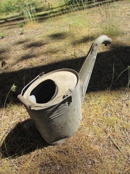 PAIR OF VINTAGE GAS CANS, WATERING CAN & BARREL PUMP