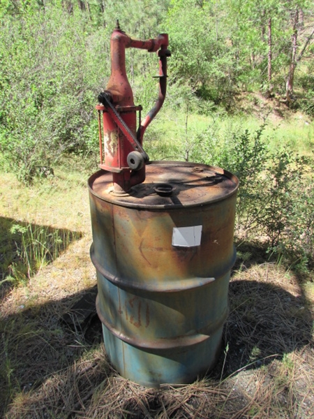 55 GALLON OIL DRUM WITH VINTAGE HAND CRANK PUMP