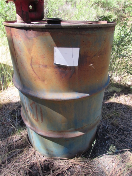 55 GALLON OIL DRUM WITH VINTAGE HAND CRANK PUMP