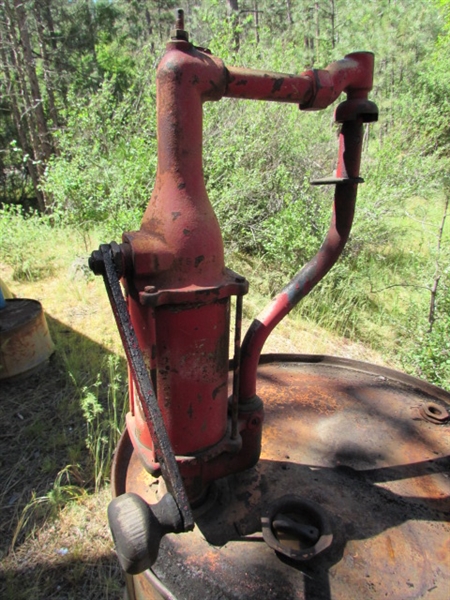 55 GALLON OIL DRUM WITH VINTAGE HAND CRANK PUMP