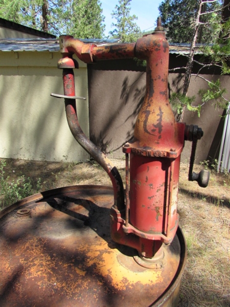 55 GALLON OIL DRUM WITH VINTAGE HAND CRANK PUMP