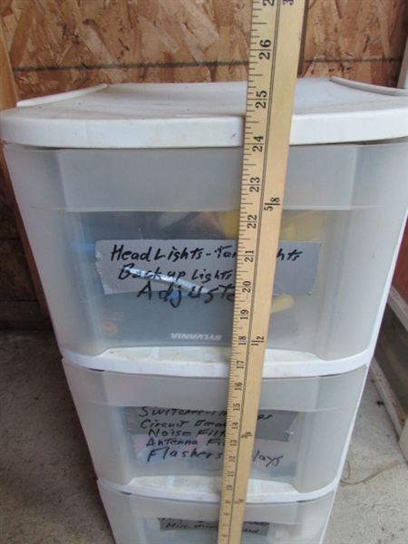 3-DRAWER STORAGE W/CONTENTS - LIGHTS, BULBS, ELECTRICAL, ETC