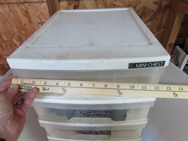 7-DRAWER STORAGE W/CONTENTS - FUSES, MULTIMETERS, SPARK PLUGS & MUCH MORE