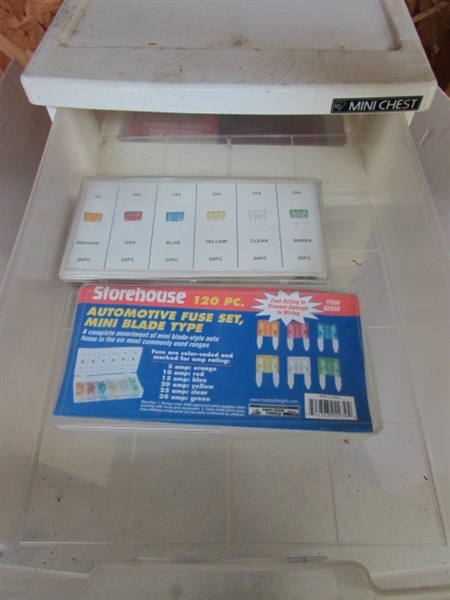 7-DRAWER STORAGE W/CONTENTS - FUSES, MULTIMETERS, SPARK PLUGS & MUCH MORE