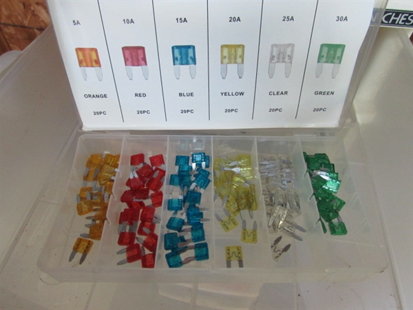 7-DRAWER STORAGE W/CONTENTS - FUSES, MULTIMETERS, SPARK PLUGS & MUCH MORE