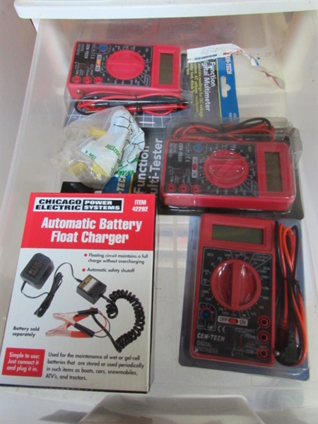 7-DRAWER STORAGE W/CONTENTS - FUSES, MULTIMETERS, SPARK PLUGS & MUCH MORE