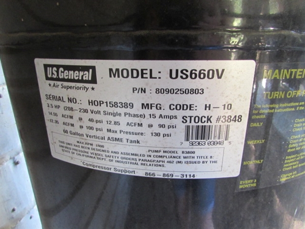 60 GALLON US GENERAL AIR COMPRESSOR W/HOSE & REEL