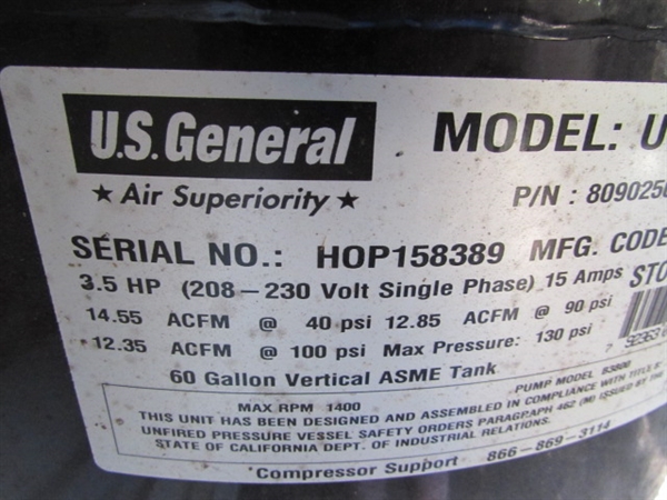 60 GALLON US GENERAL AIR COMPRESSOR W/HOSE & REEL