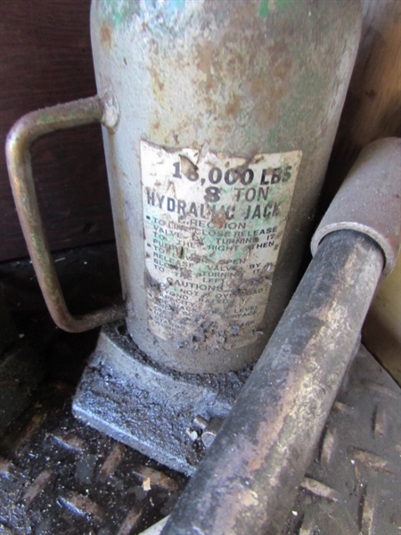 2 HYDRAULIC BOTTLE JACKS, WHEEL CHOCKS, STAR WRENCH & MORE