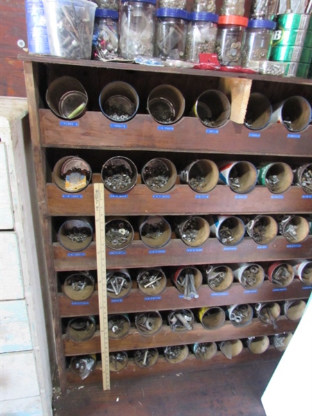HARDWARE STORAGE SHELF & CONTENTS