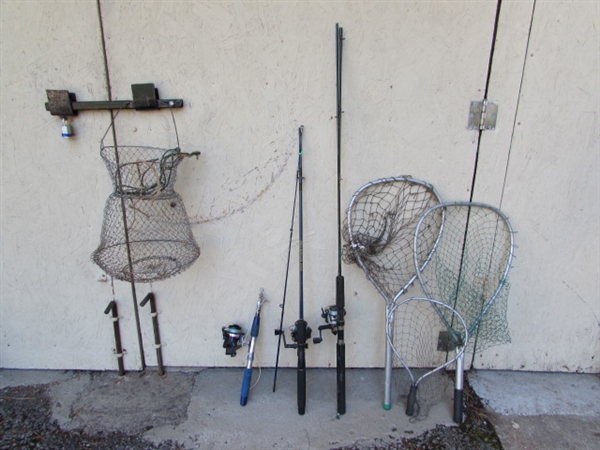 FISHING POLES/REELS, NETS & BASKET