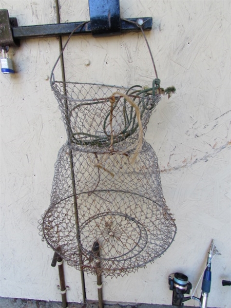 FISHING POLES/REELS, NETS & BASKET