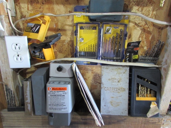 LARGE ASSORTMENT OF DRILL BITS, DRILL BIT SHARPENER & MORE