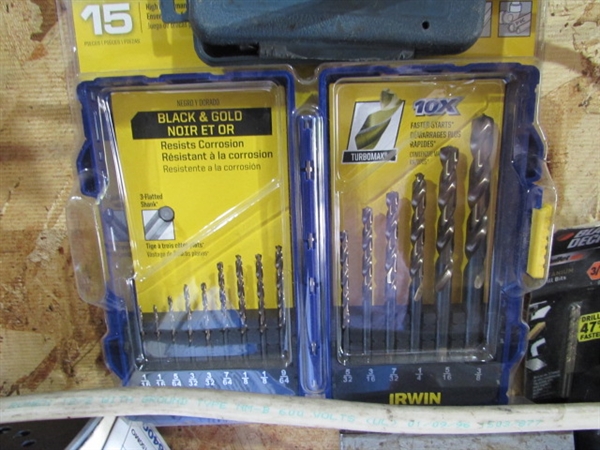 LARGE ASSORTMENT OF DRILL BITS, DRILL BIT SHARPENER & MORE