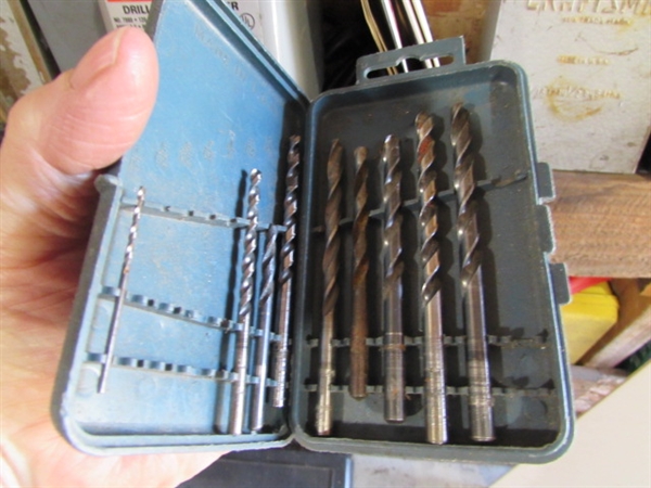 LARGE ASSORTMENT OF DRILL BITS, DRILL BIT SHARPENER & MORE