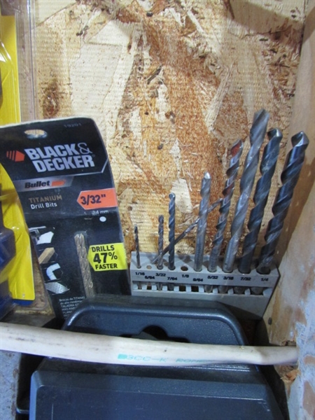 LARGE ASSORTMENT OF DRILL BITS, DRILL BIT SHARPENER & MORE