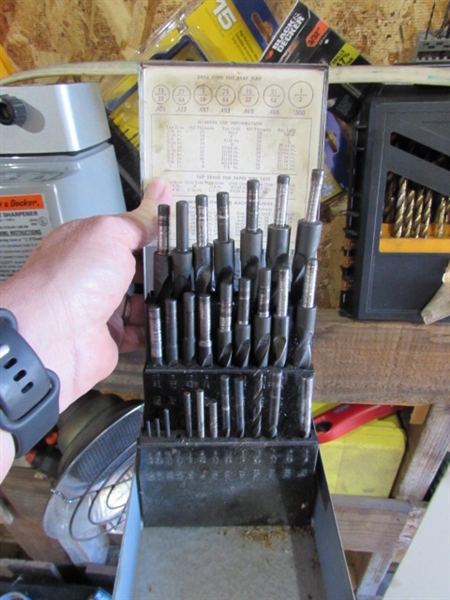 LARGE ASSORTMENT OF DRILL BITS, DRILL BIT SHARPENER & MORE