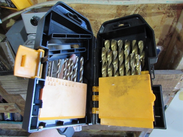 LARGE ASSORTMENT OF DRILL BITS, DRILL BIT SHARPENER & MORE