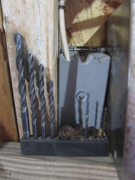 LARGE ASSORTMENT OF DRILL BITS, DRILL BIT SHARPENER & MORE