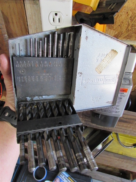 LARGE ASSORTMENT OF DRILL BITS, DRILL BIT SHARPENER & MORE