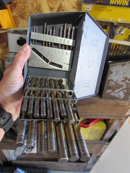 LARGE ASSORTMENT OF DRILL BITS, DRILL BIT SHARPENER & MORE