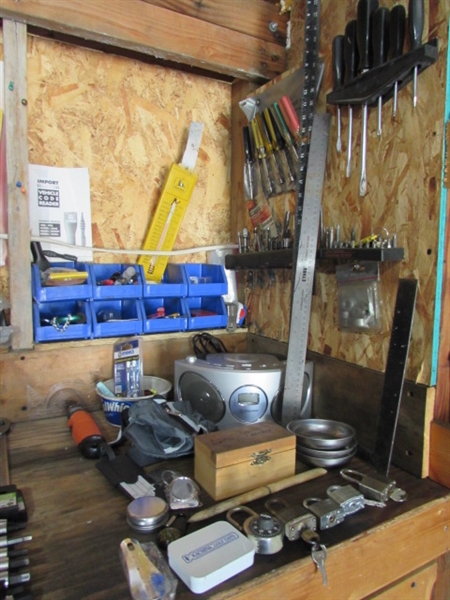 CONTENTS OF CORNER - TOOLS, STEREO, BINS, PADLOCKS & MORE