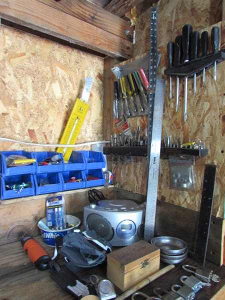CONTENTS OF CORNER - TOOLS, STEREO, BINS, PADLOCKS & MORE