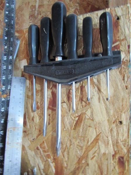 CONTENTS OF CORNER - TOOLS, STEREO, BINS, PADLOCKS & MORE
