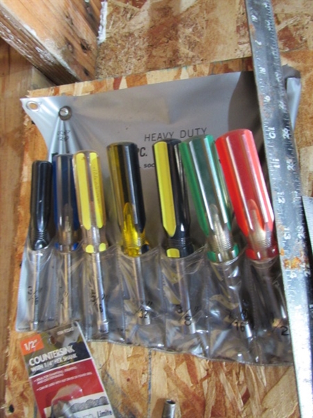 CONTENTS OF CORNER - TOOLS, STEREO, BINS, PADLOCKS & MORE