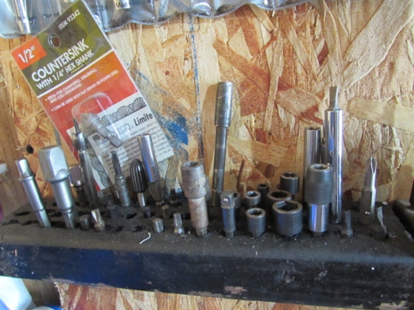 CONTENTS OF CORNER - TOOLS, STEREO, BINS, PADLOCKS & MORE