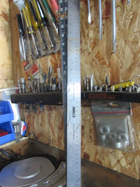 CONTENTS OF CORNER - TOOLS, STEREO, BINS, PADLOCKS & MORE