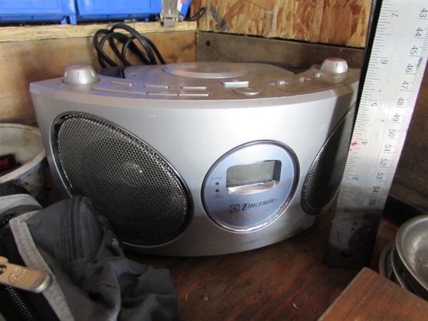 CONTENTS OF CORNER - TOOLS, STEREO, BINS, PADLOCKS & MORE