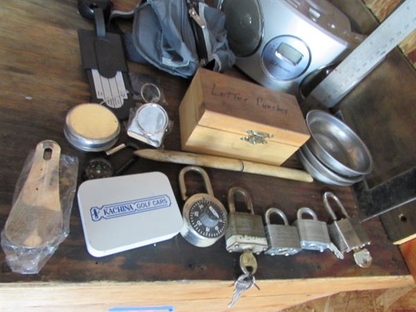 CONTENTS OF CORNER - TOOLS, STEREO, BINS, PADLOCKS & MORE