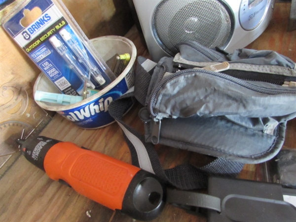 CONTENTS OF CORNER - TOOLS, STEREO, BINS, PADLOCKS & MORE