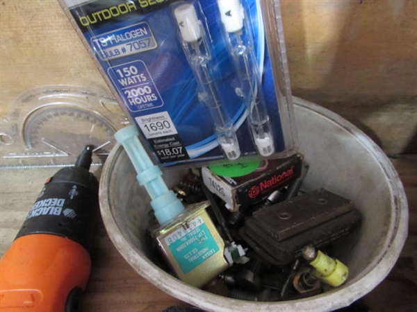 CONTENTS OF CORNER - TOOLS, STEREO, BINS, PADLOCKS & MORE