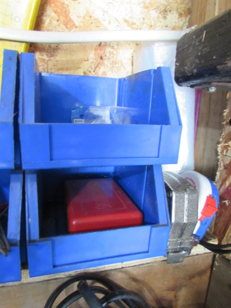 CONTENTS OF CORNER - TOOLS, STEREO, BINS, PADLOCKS & MORE
