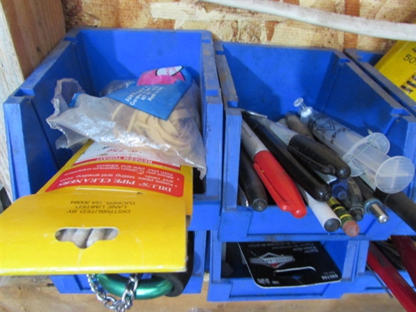 CONTENTS OF CORNER - TOOLS, STEREO, BINS, PADLOCKS & MORE