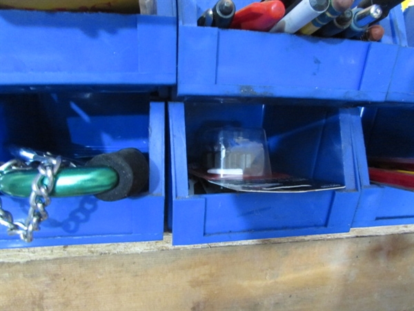 CONTENTS OF CORNER - TOOLS, STEREO, BINS, PADLOCKS & MORE