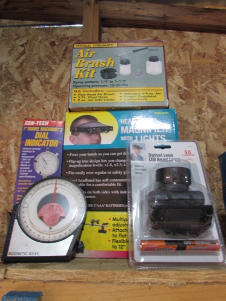 AIR BRUSH KIT, MAGNIFYING LAMP, DIAL INDICATOR & MORE