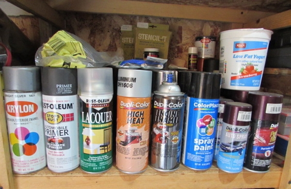 LARGE ASSORTMENT OF SPRAY PAINT, TOUCH UP PAINT & MORE