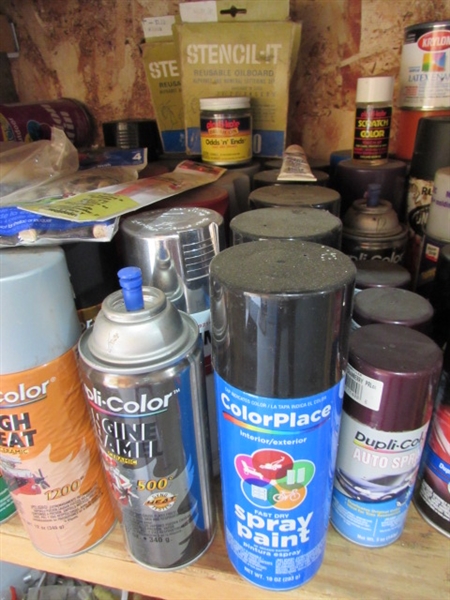 LARGE ASSORTMENT OF SPRAY PAINT, TOUCH UP PAINT & MORE