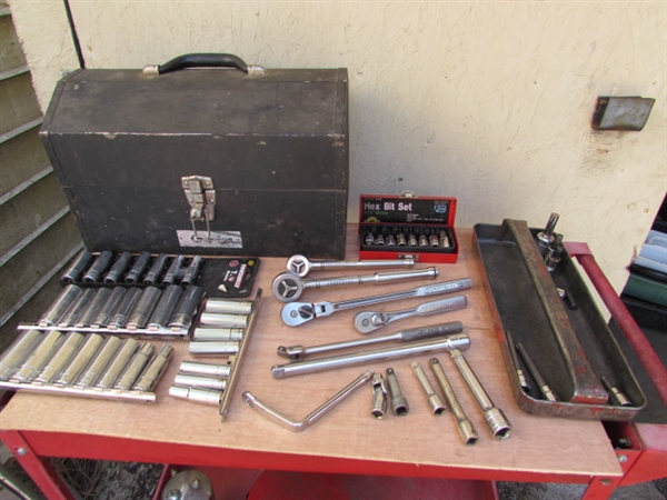 METAL TOOL BOX W/RATCHETS & SOCKET SETS