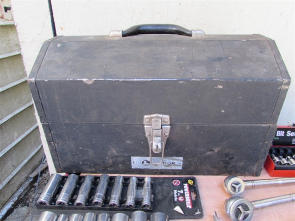 METAL TOOL BOX W/RATCHETS & SOCKET SETS