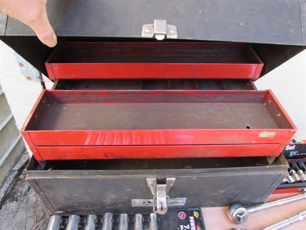 METAL TOOL BOX W/RATCHETS & SOCKET SETS