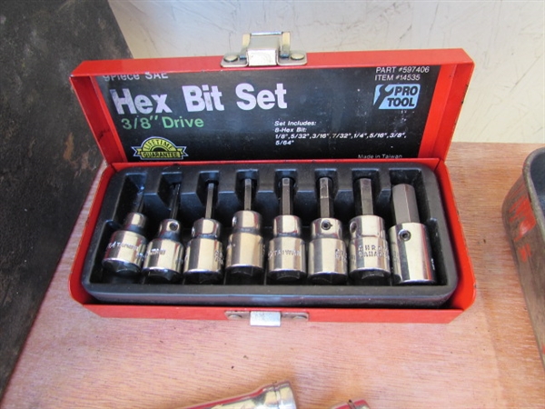METAL TOOL BOX W/RATCHETS & SOCKET SETS