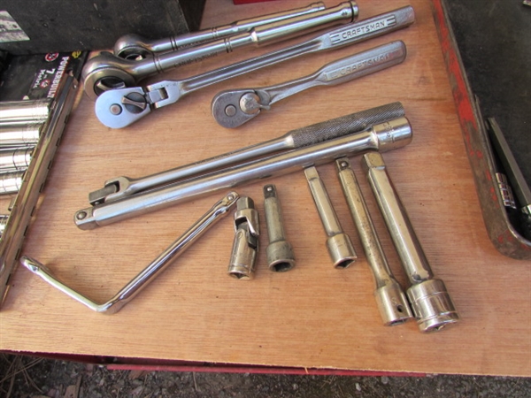 METAL TOOL BOX W/RATCHETS & SOCKET SETS