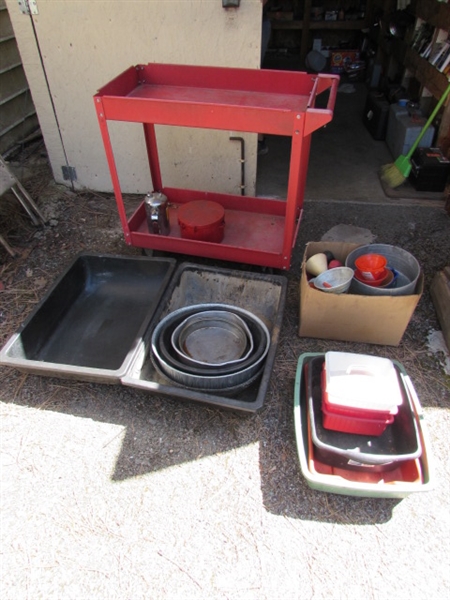 ROLLING SHOP CART W/DRAIN PANS, FUNNELS & MORE